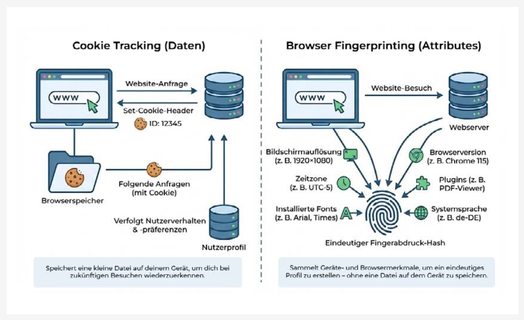 Vergleich zwischen Cookie Tracking und Browser Fingerprinting.